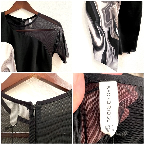 NWT Bec & Bridge Oil Slick Neoprene Print Mesh Panel Asymmetrical Dress - Picture 10 of 11
